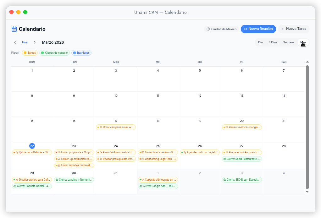 Calendario integrado - Unami CRM