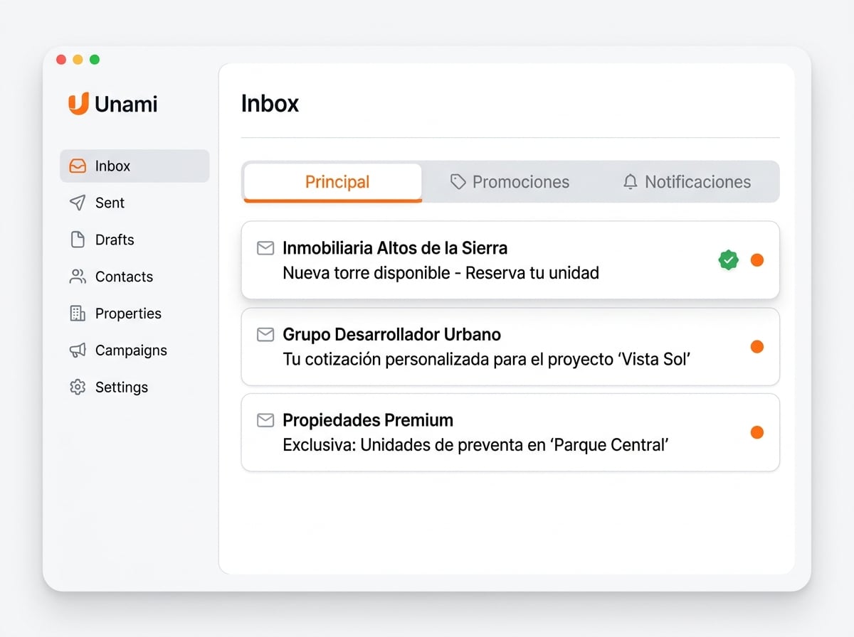 Bandeja de entrada de email - campañas que llegan a Principal - Unami