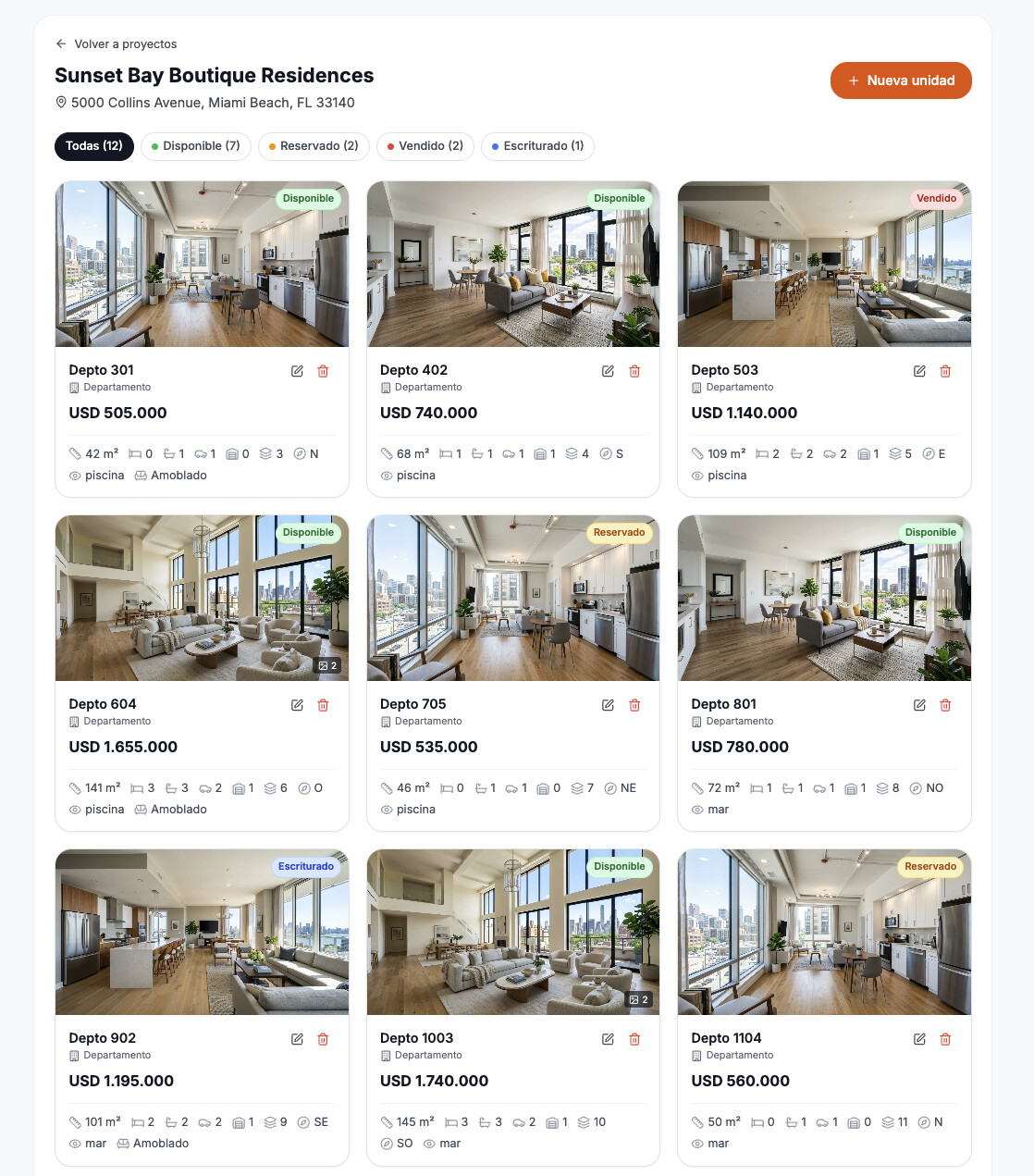 Ficha web de proyecto con fotos, precios y disponibilidad de unidades para compartir con clientes - Unami